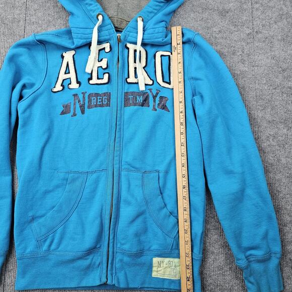 Vintage Aeropostale Hoodie Mens Small Blue Y2K Full Zip AERO Embroidered Fleece - Picture 3 of 6